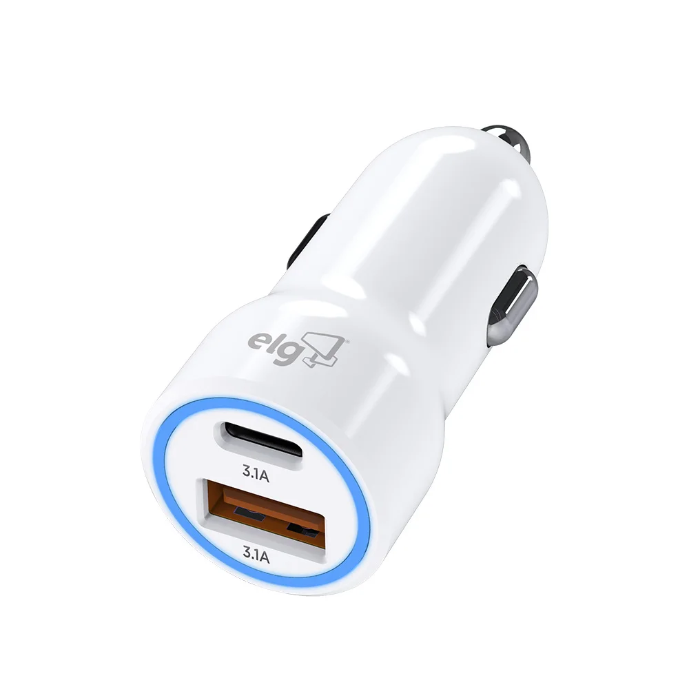 Imagem 1 de 5 do produto Carregador Veicular, Elg 1x Usb Tipo-c 1x Usb, Branco - Cc2stc