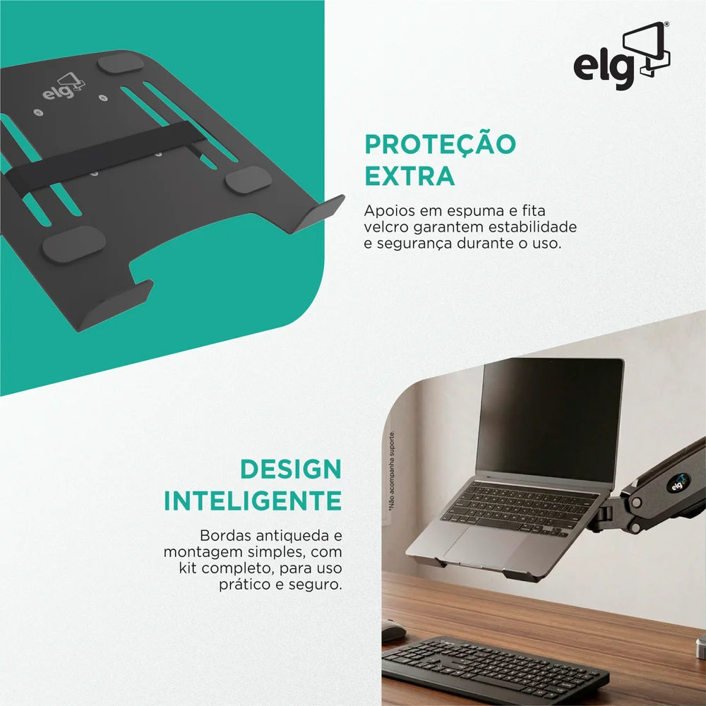Imagem 2 de 5 do produto Suporte De Apoio Para Notebook, De 10" A 17", Compatível Com Pistão A Gás, Suporta Até 9kg, Preto, Fb7510, Elg