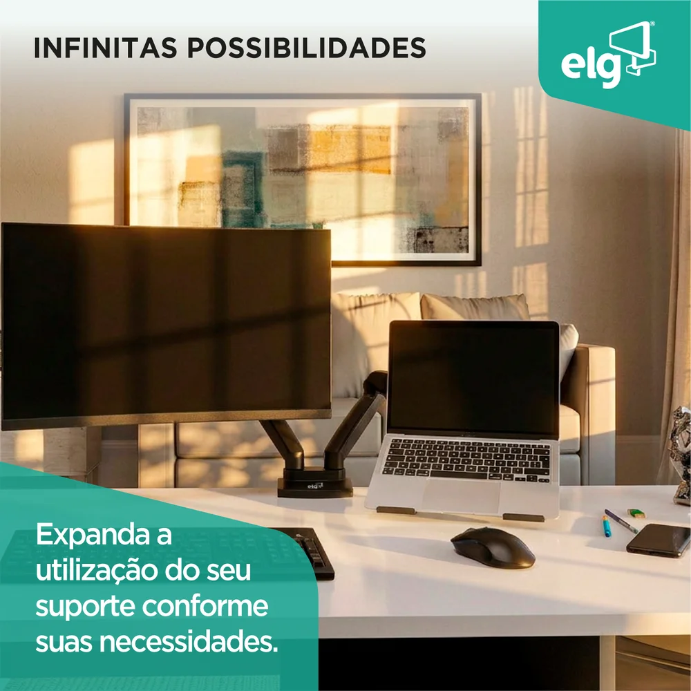 Imagem 3 de 5 do produto Suporte De Apoio Para Notebook, De 10" A 17", Compatível Com Pistão A Gás, Suporta Até 9kg, Preto, Fb7510, Elg