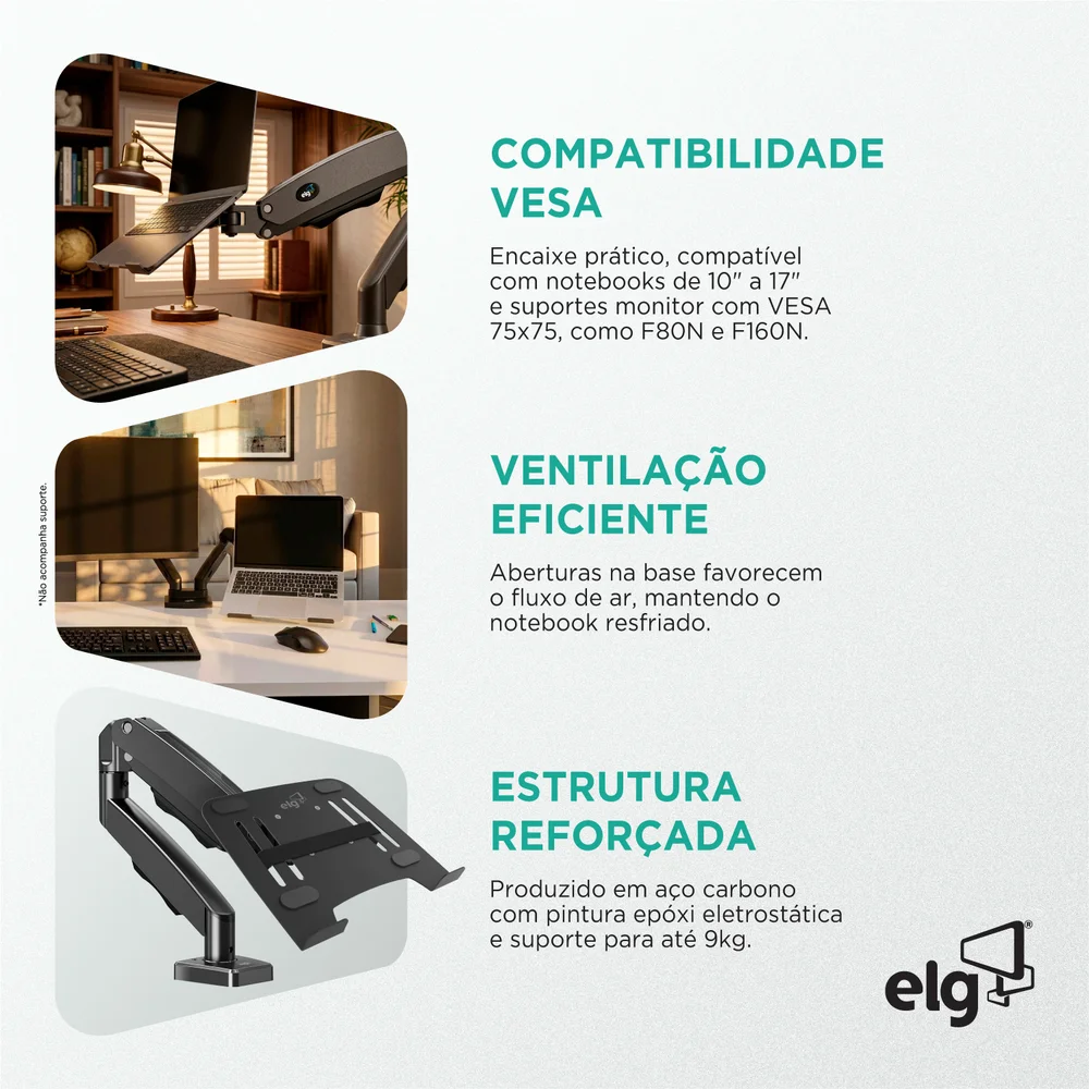 Imagem 4 de 5 do produto Suporte De Apoio Para Notebook, De 10" A 17", Compatível Com Pistão A Gás, Suporta Até 9kg, Preto, Fb7510, Elg