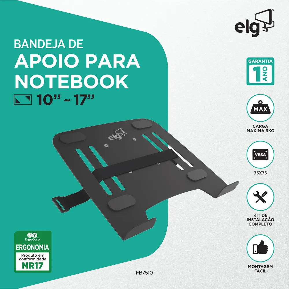 Imagem 5 de 5 do produto Suporte De Apoio Para Notebook, De 10" A 17", Compatível Com Pistão A Gás, Suporta Até 9kg, Preto, Fb7510, Elg
