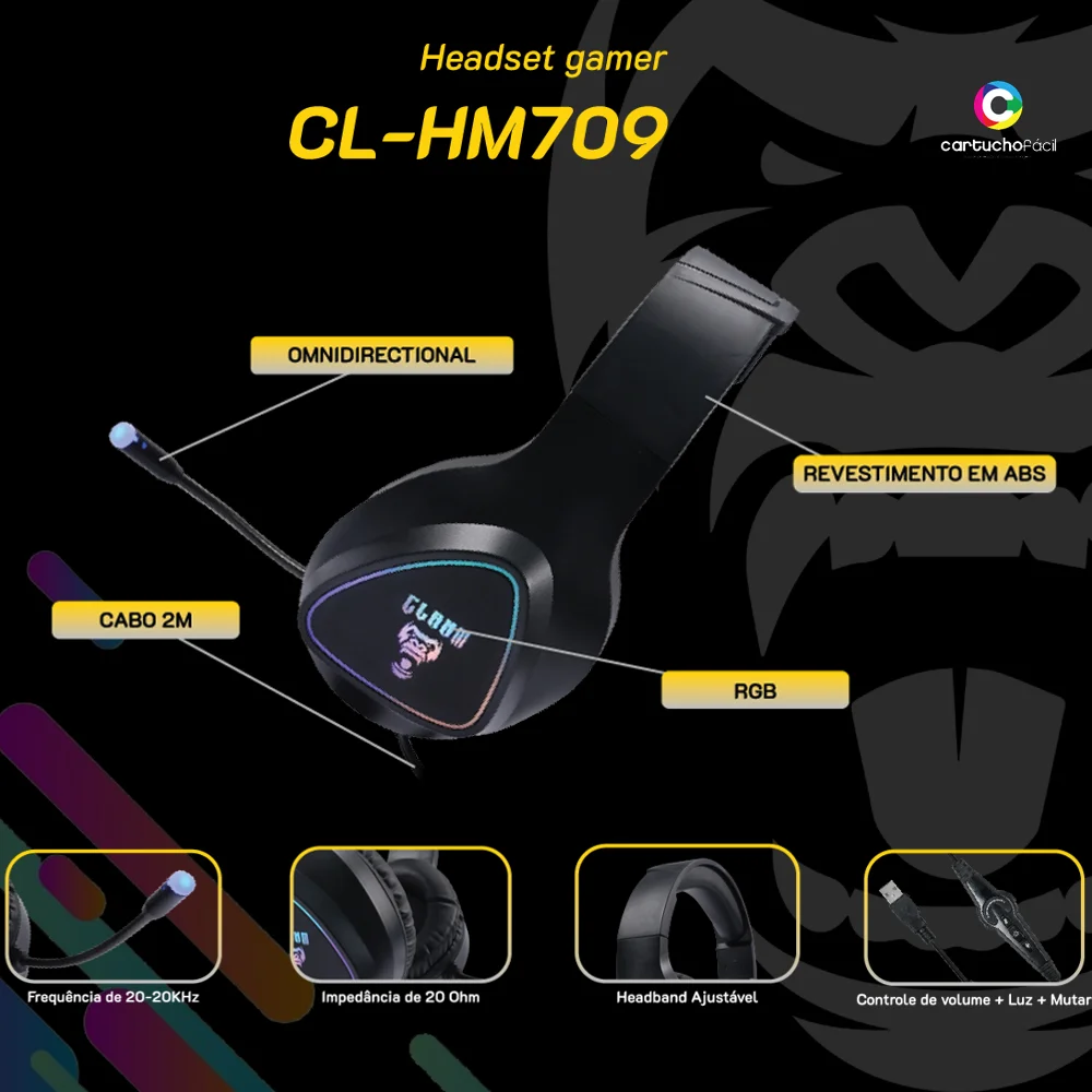 Fone De Ouvido Headset Clanm Gamer Mount, Preto Rgb,Cl-hm709. Fone De Ouvido Headset Clanm Gamer Mount, Preto Rgb,Cl-hm709.