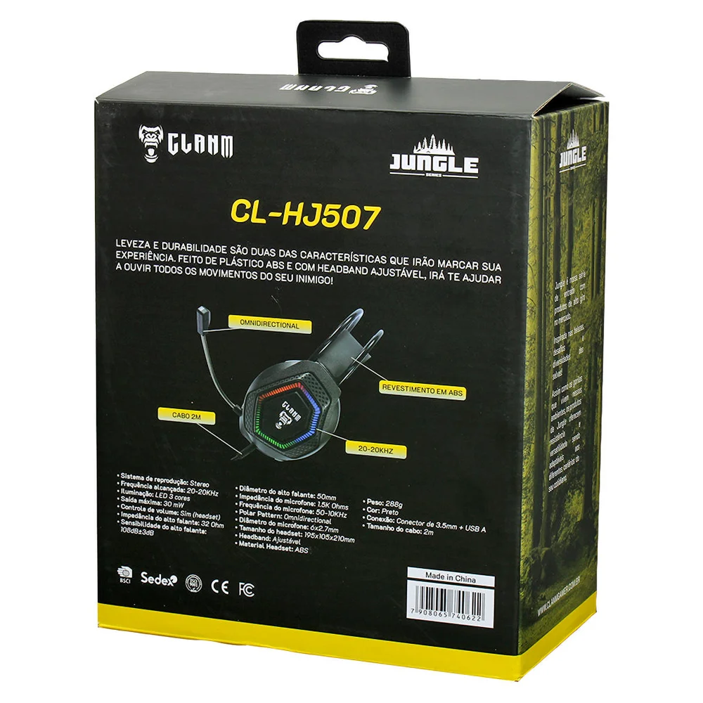 Imagem 5 de 5 do produto Fone De Ouvido Headset Clanm Gamer Jungle, Preto Rgb,Cl-hj507.