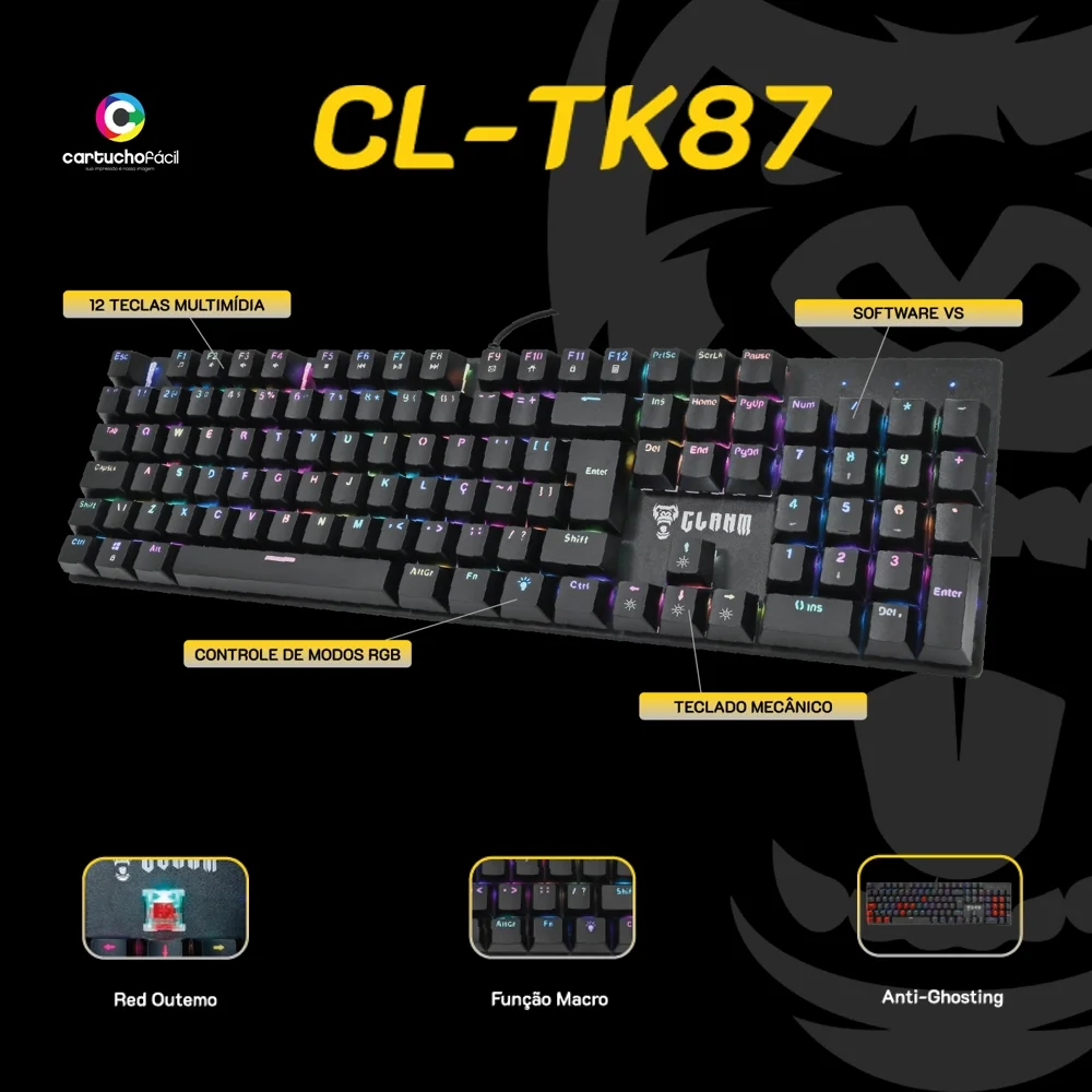 Imagem 2 de 5 do produto Teclado Mecânico Gamer Clanm King Preto RGB Switch Vermelho Cl-tk87
