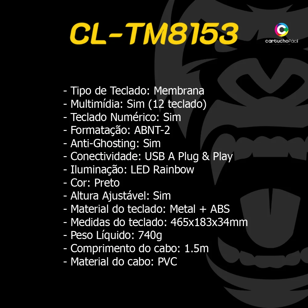 Imagem 2 de 5 do produto Teclado Membrana Gamer Clanm Mount Preto Cl-tm8153