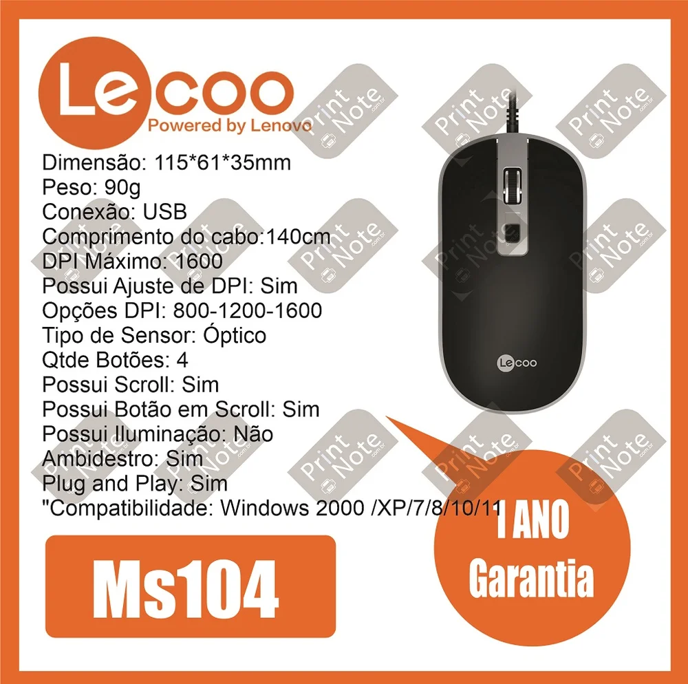 Imagem 2 de 2 do produto Mouse Com Fio Usb Lenovo Lecoo Ms104.
