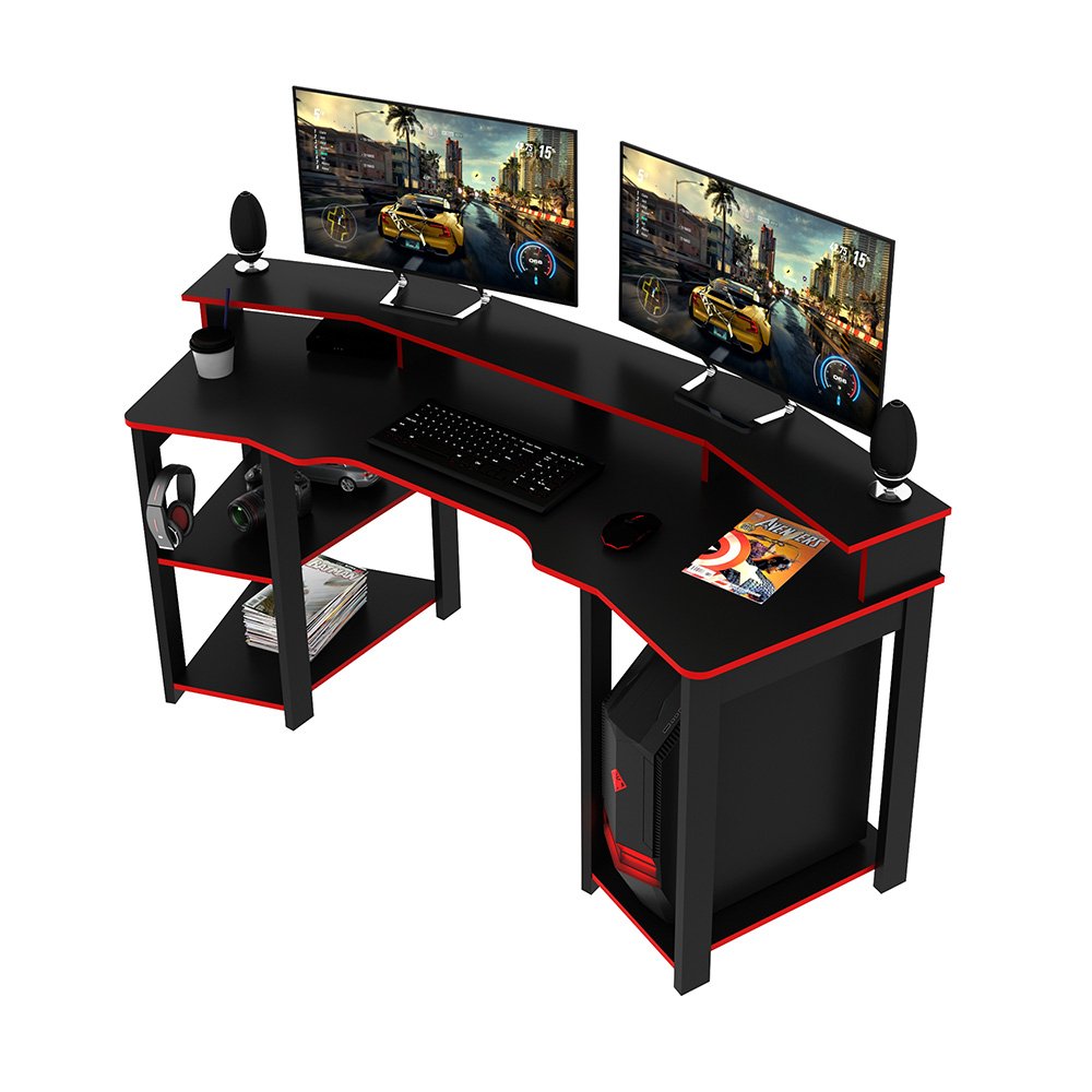 Mesa Gamer Gran Belo ME4167, Preto e Vermelho, MDP, Espaço Para 2 Monitores