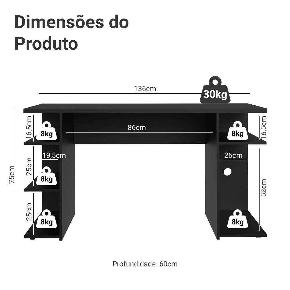 Mesa Madesa 9409, Para Computador Gamer, Preto