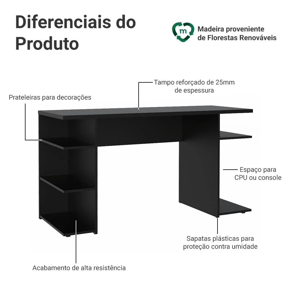 Mesa Madesa 9409, Para Computador Gamer, Preto