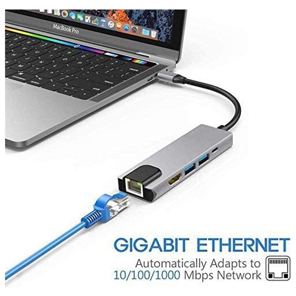 Imagem 3 de 5 do produto Adaptador USB C HUB, 5 Em 1 USB C Rj45 Ethernet, USB 3.0