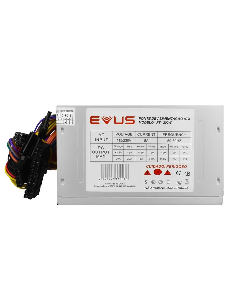 Imagem 3 de 5 do produto Fonte Evus Ft-200w Atx 200w Real 20/24p 3 Sata Com Cabo