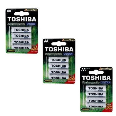 Kit com 12 Pilhas Recarregáveis AA Toshiba, 1.2V 2600mAh, 3 Cartelas Com 4 Unidades - TNH6GAE