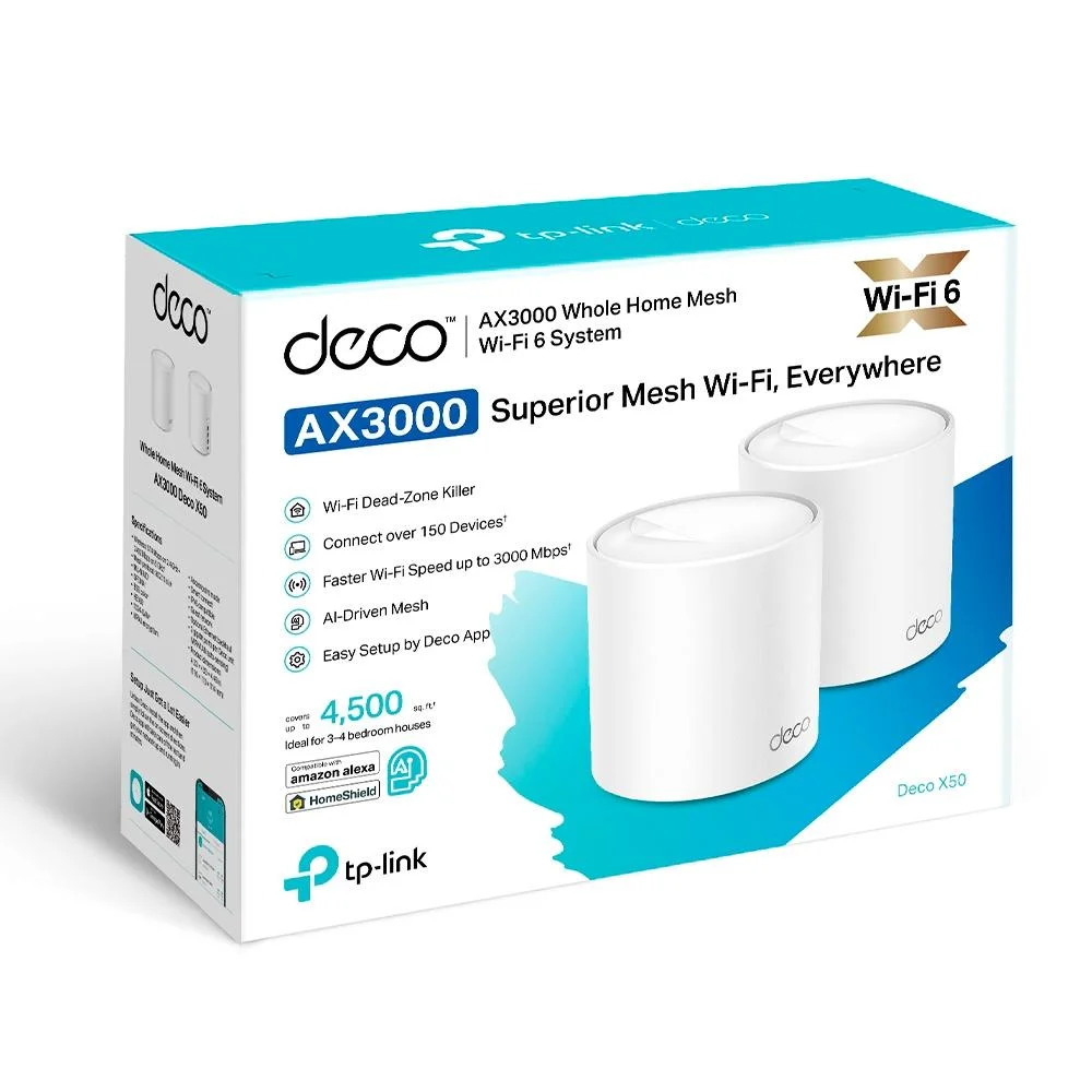 Imagem 2 de 5 do produto Roteador TP-Link Deco X50, 2402 Mbps, WiFi 6, AX3000, 2 Antenas Internas, Dual Band 2.4/5Ghz, Branco - 02 Unidades