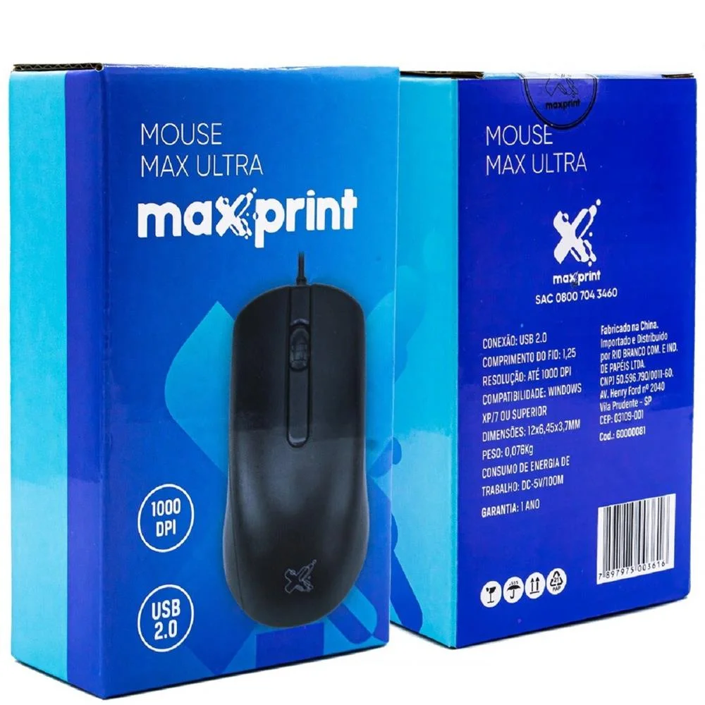 Imagem 4 de 5 do produto Mouse Maxprint Max Ultra, 1000 DPI, USB, Preto