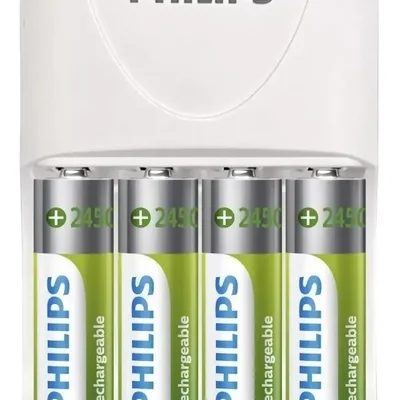 Carregador De Pilhas Philips + 4 Pilhas AA Recarregáveis - Scb2445nb