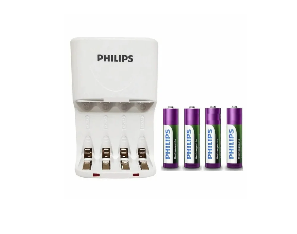 Carregador De Pilhas Philips + 4 Pilhas AA Recarregáveis - Scb2445nb