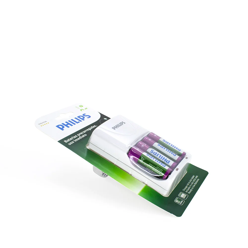 Carregador De Pilhas Philips + 4 Pilhas AA Recarregáveis - Scb2445nb
