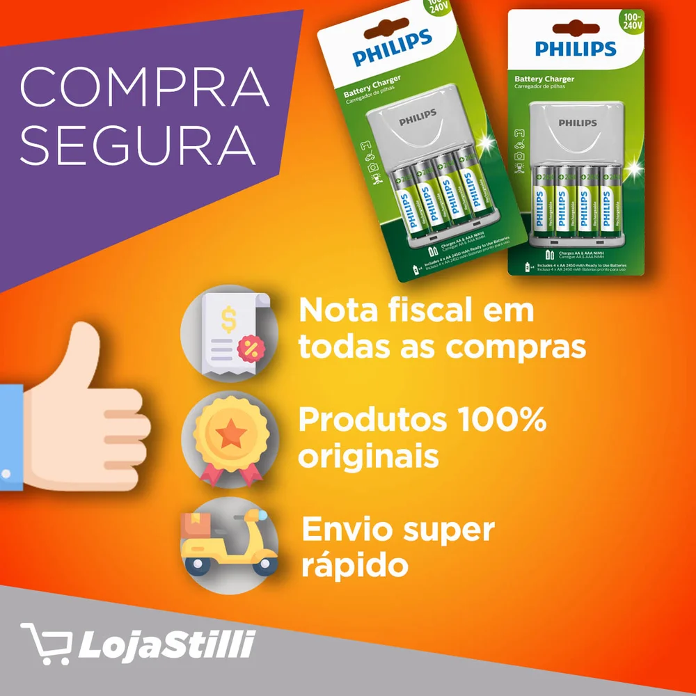 Carregador De Pilhas Philips + 4 Pilhas AA Recarregáveis - Scb2445nb