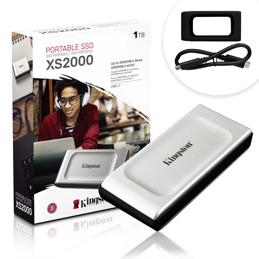 SSD Externo Kingston Xs2000, 1TB, USB-C 3.2, Leitura 2000MB/s, C/ Capa De Borracha - Sxs2000/1000g