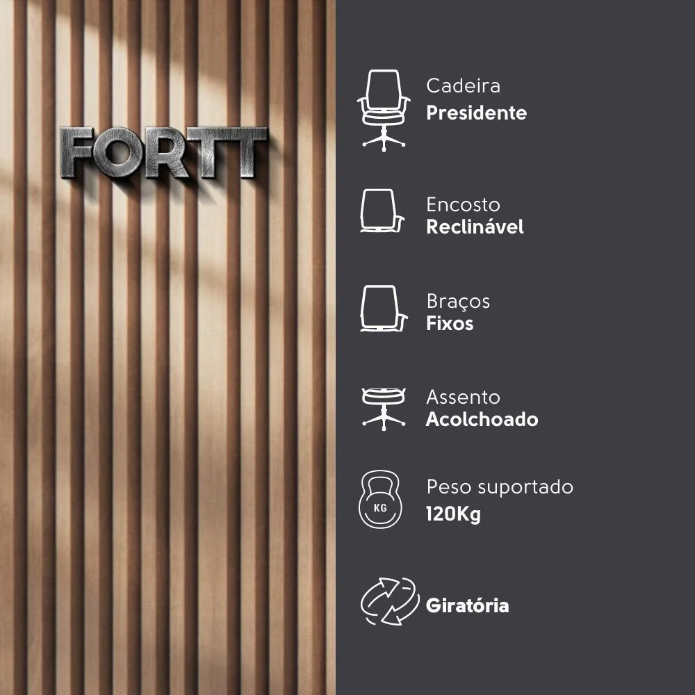 Imagem 2 de 5 do produto Cadeira Office Fortt Presidente Paris Cpf02-b, 120kg, Base Cromada, Com Rodinha, Reclinável, Branca