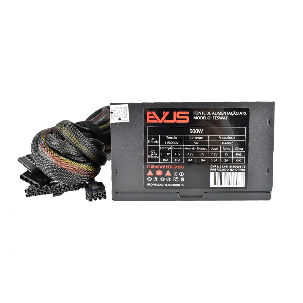 Fonte Evus Atx 500w Reais 20/24p 4 Sata Com Cabo Fe5wat