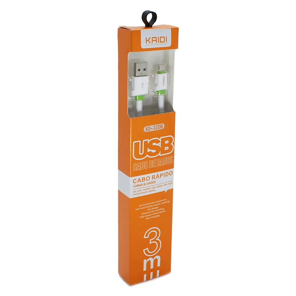 Imagem 2 de 4 do produto Cabo De Dados Kaidi KD-330M, USB X Micro USB, V8, Android, 3 Metros, Branco