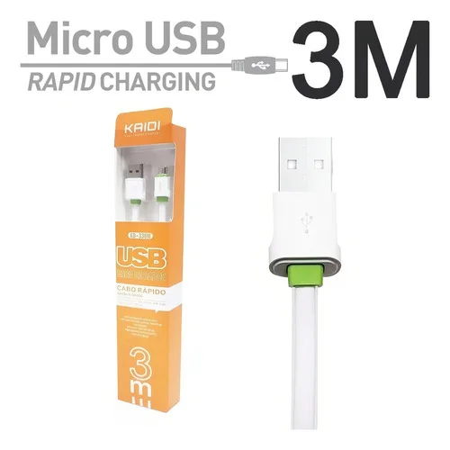 Imagem 4 de 4 do produto Cabo De Dados Kaidi KD-330M, USB X Micro USB, V8, Android, 3 Metros, Branco