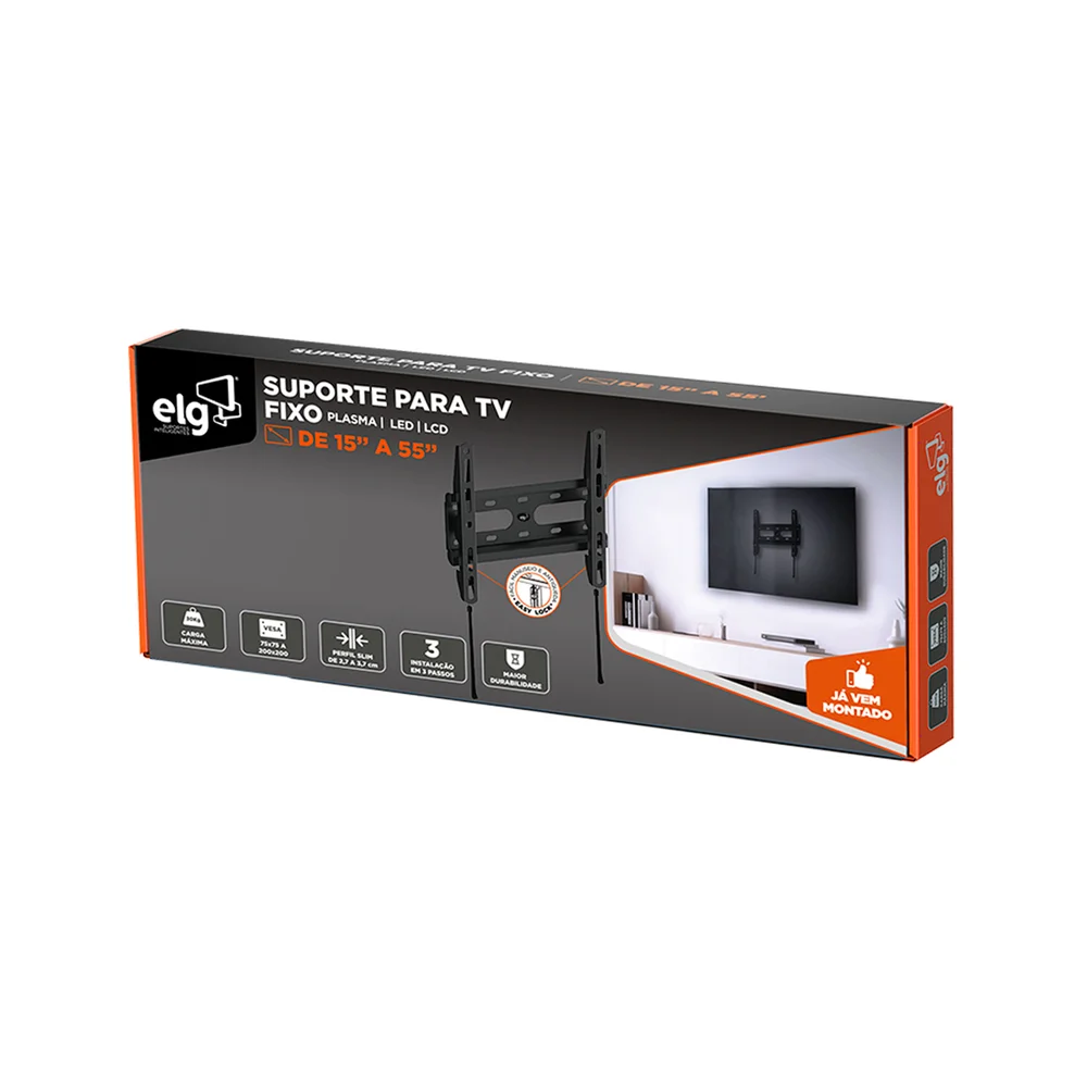 Imagem 4 de 4 do produto Suporte Fixo Para Tv E Monitor De 15" A 55", Com Trava Automática E Nível Bolha, Suporta Até 45kg, Preto, Fix200, Elg