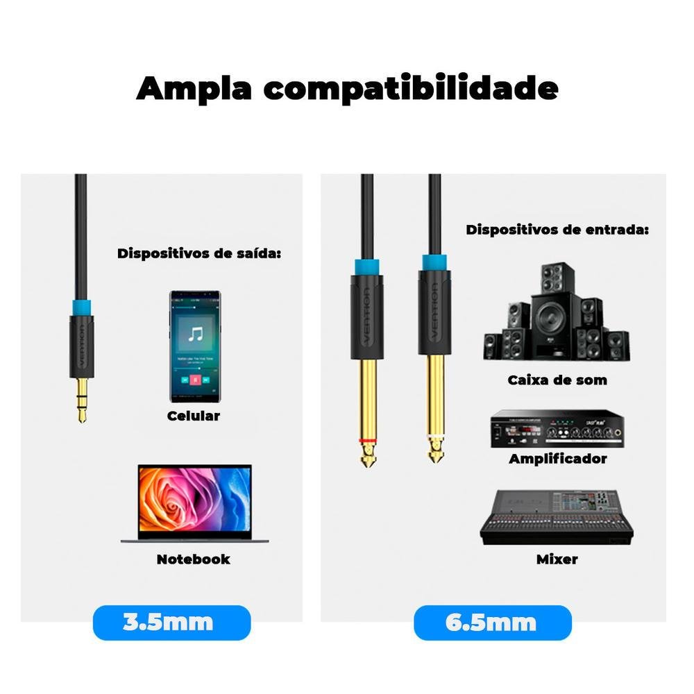 Imagem 4 de 5 do produto Cabo Áudio Vention P2 Estéreo, Para P10 Mono, Mesa Som DJ, 5M, Preto - BACBJ