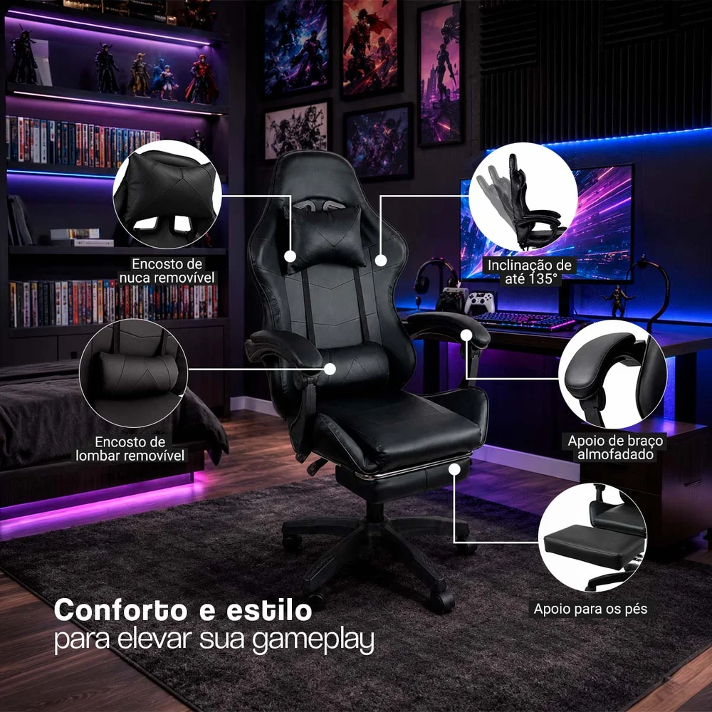 Imagem 2 de 5 do produto Cadeira Gamer Stillus, Ergonômica Com Apoio Para Os Pés - Preta