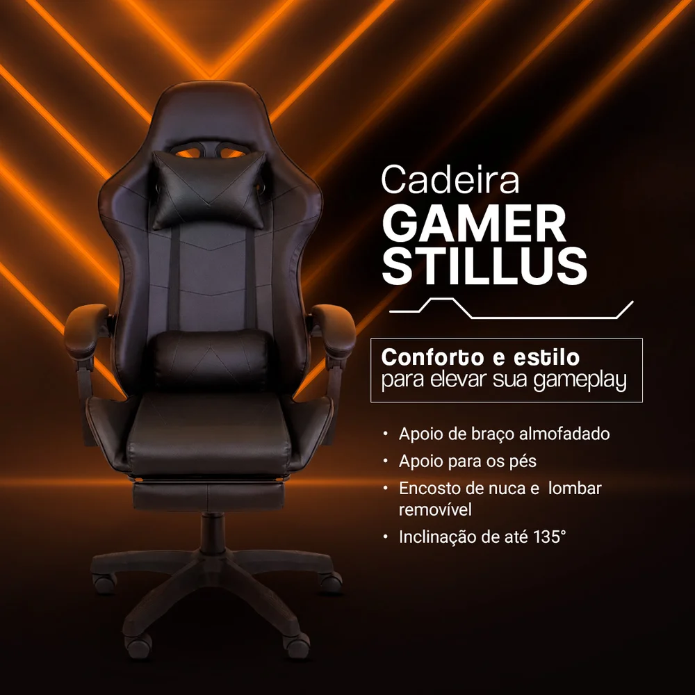 Imagem 3 de 5 do produto Cadeira Gamer Stillus, Ergonômica Com Apoio Para Os Pés - Preta
