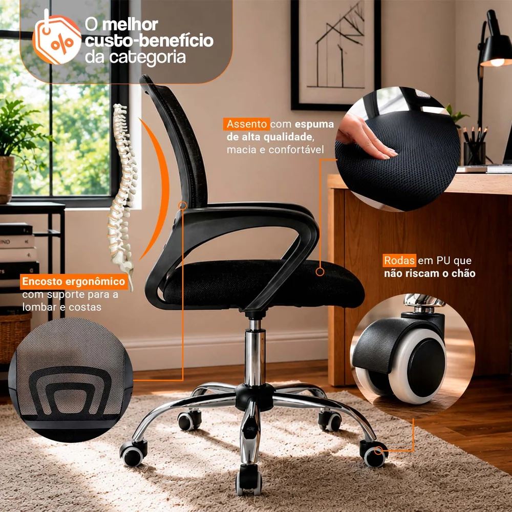 Imagem 2 de 5 do produto Kit 4 Cadeiras de Escritório Ergonômicas Begônia Pretas para Home Office Giratórias