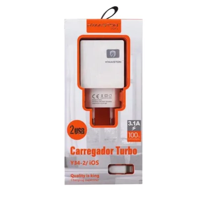 Carregador de Tomada com Cabo USB Pro Y34-2 IOS, 2 Portas, Branco