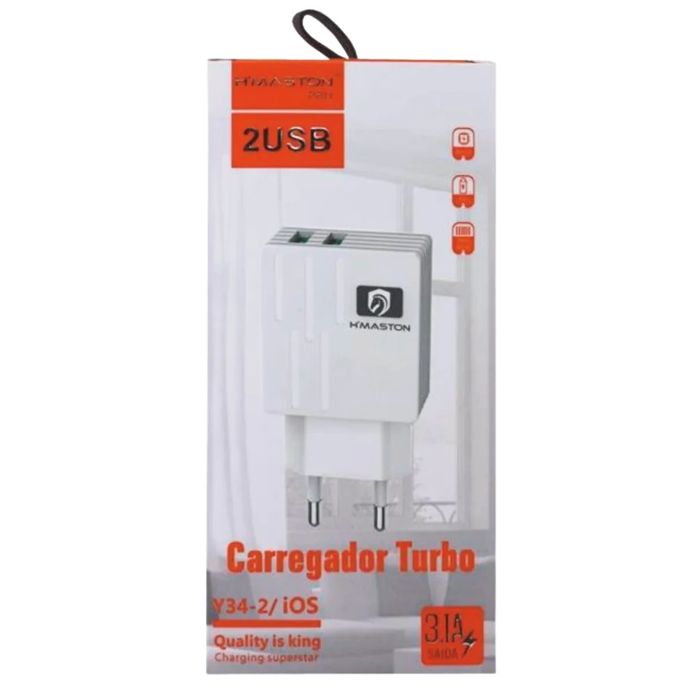 Imagem 2 de 3 do produto Carregador de Tomada com Cabo USB Pro Y34-2 IOS, 2 Portas, Branco