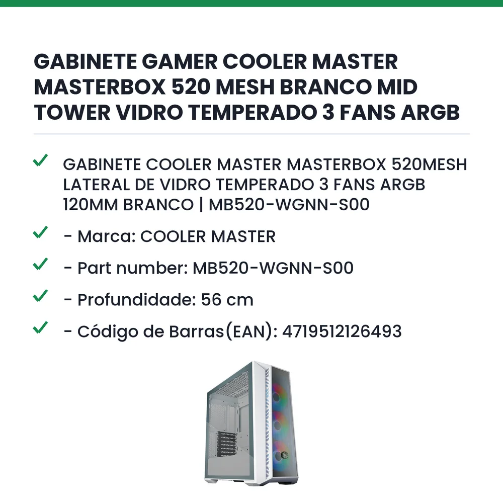 Imagem 3 de 4 do produto Gabinete Cooler Master Masterbox 520 Mesh, Mid tower, ATX, Lateral em Vidro, 3x Cooler Fan ArGB Inclusos - Branco