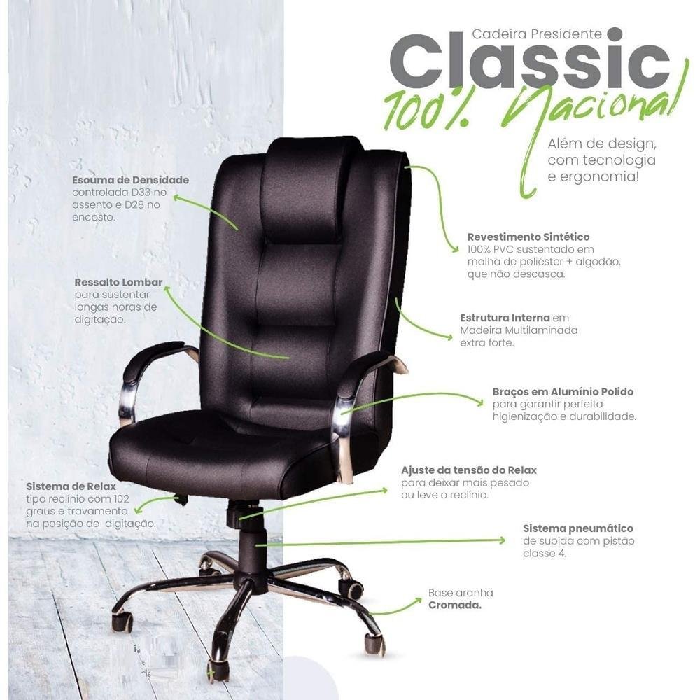 Cadeira Ergodecor Giratória Escritório Classic Presidente Preta Relax Base Cromada C/ Rodizio, 100% Nacional