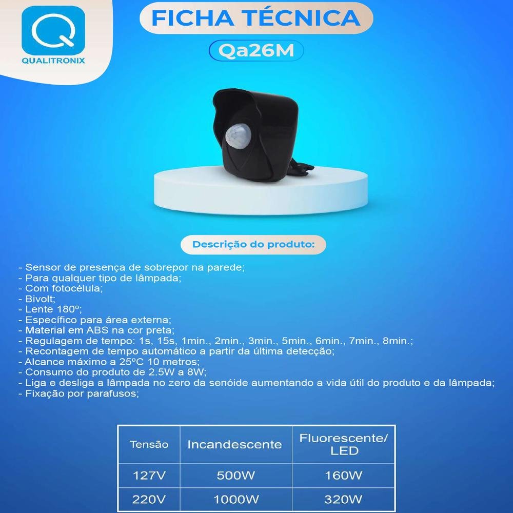Imagem 2 de 5 do produto Sensor De Presença Qualitronix QA26M, Lente 180, Externo, Sensor De Presença Com Fotocélula, Branco