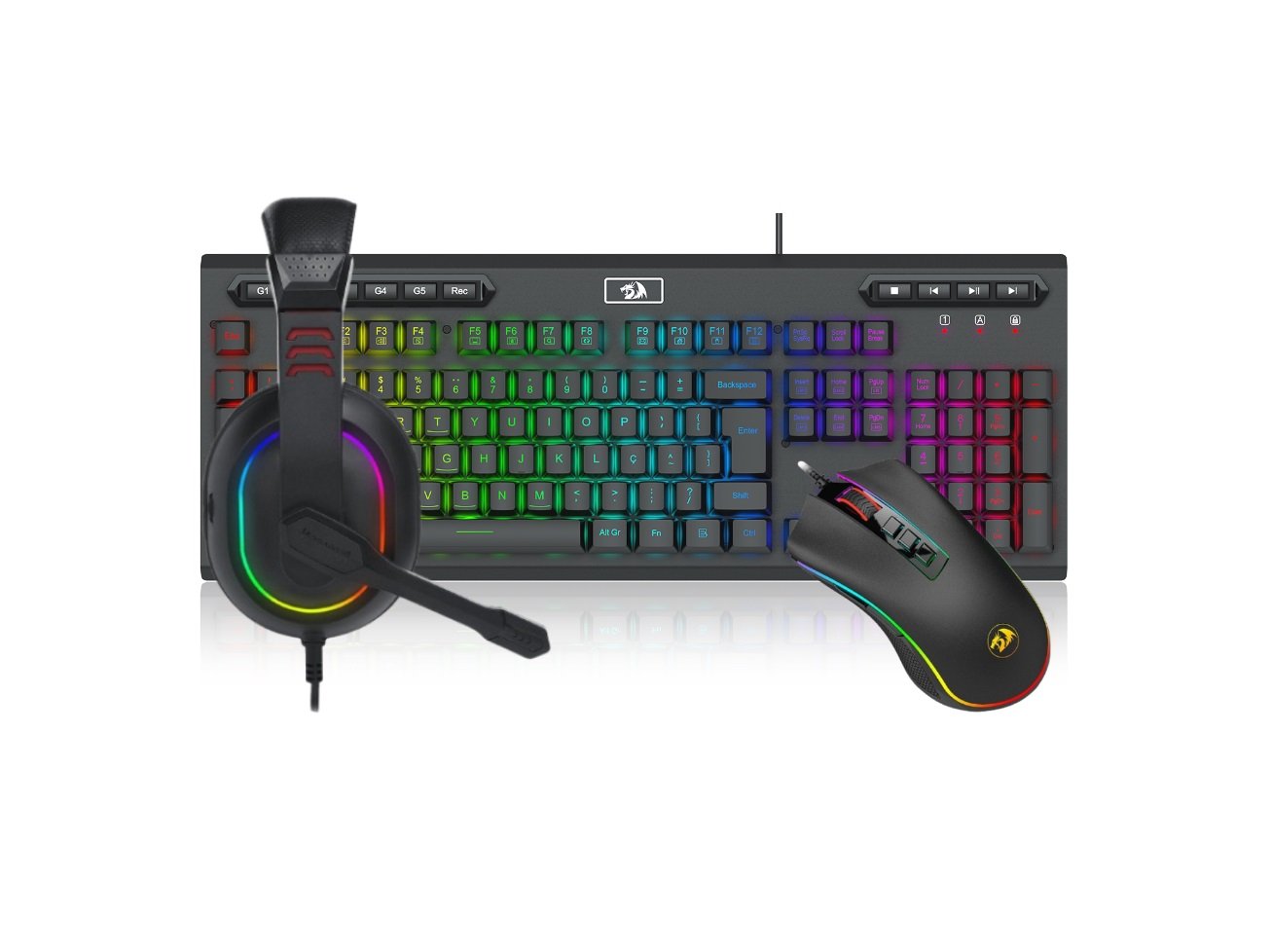Kit Teclado Headset E Mouse Redragon RGB, Teclado Karura 2, Headset Gamer Redragon Scylla, Mouse Redragon Nothosaur 3