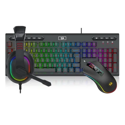 Kit Teclado Headset E Mouse Redragon RGB, Teclado Karura 2, Headset Gamer Redragon Scylla, Mouse Redragon Nothosaur 3