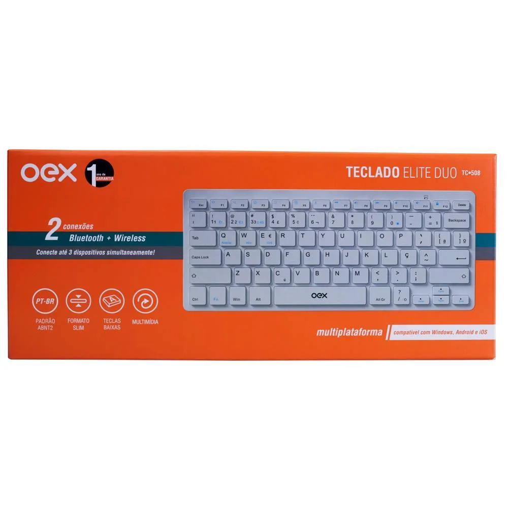 Imagem 5 de 5 do produto Teclado Sem Fio Oex Elite Duo Tc508, Wireless, Abnt2, Design Slim, Receptor USB, Branco