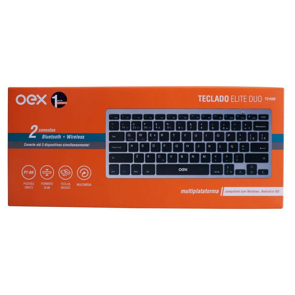 Imagem 4 de 5 do produto Teclado Sem Fio Oex Elite Duo Tc508, Wireless, Abnt2, Design Slim, Receptor USB, Chumbo