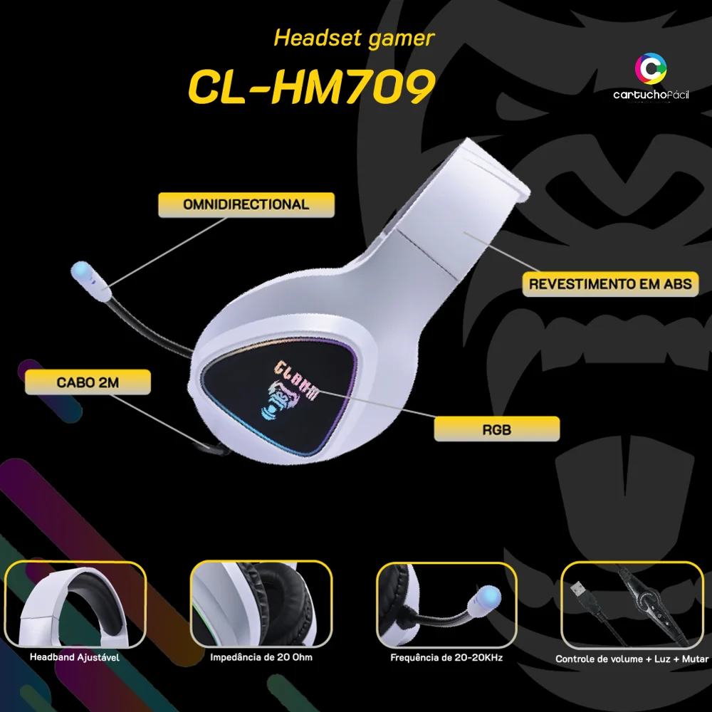 Imagem 2 de 5 do produto Headset Clanm Gamer Mount Cl-hm709, RGB - Branco