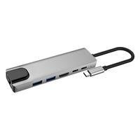 Descrição: Adaptador USB C Multiporta 6 em 1 1 x saída de vídeo HDMI 4K 2 x portas USB 3.0 fêmea 1x porta USB-C Femea 1 x adaptador de 100 Mbps Ethern