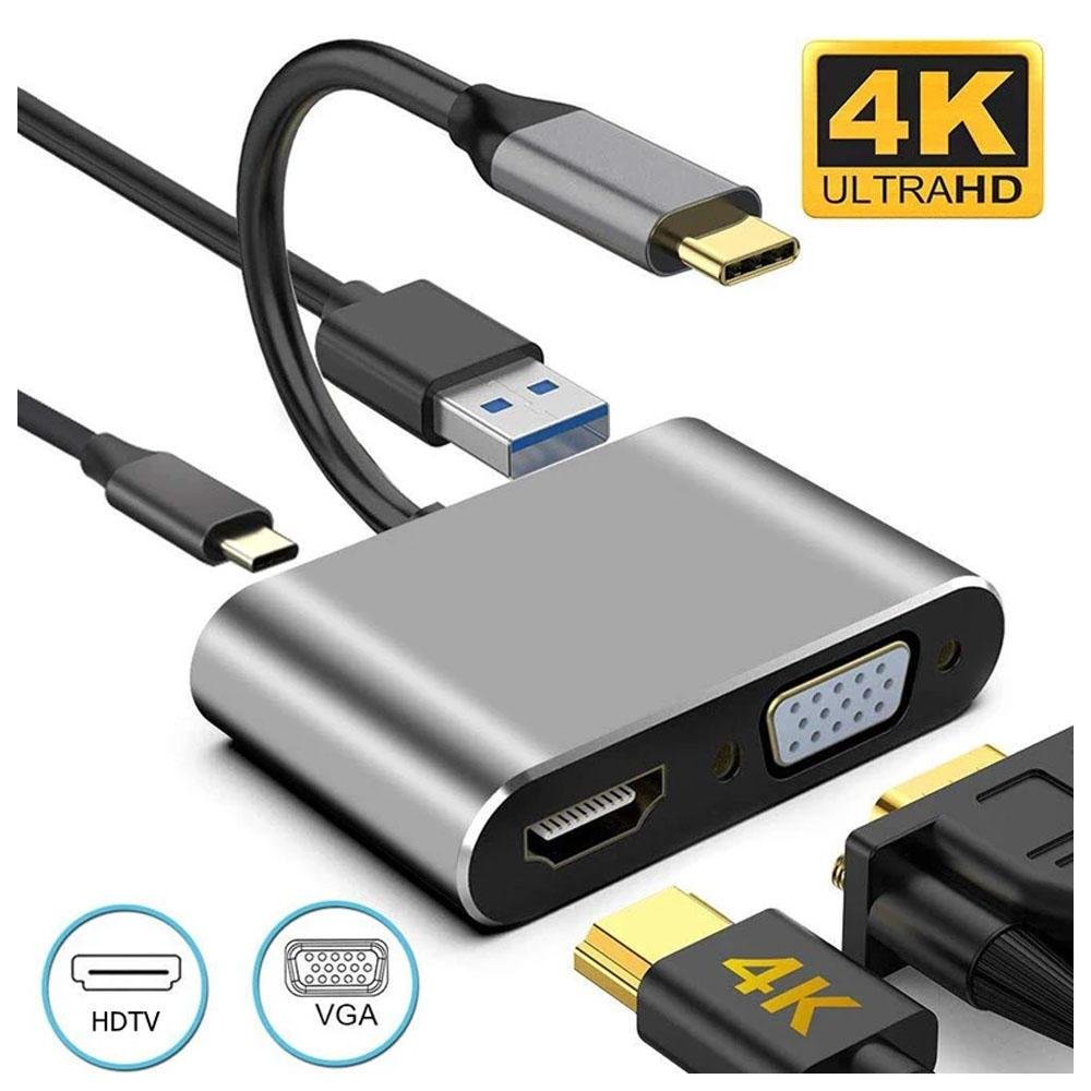 Imagem 2 de 5 do produto Adaptador 4 Em 1 VGA USB-C, PD, Carregamento, Hub USB, 4K, HD 3.0