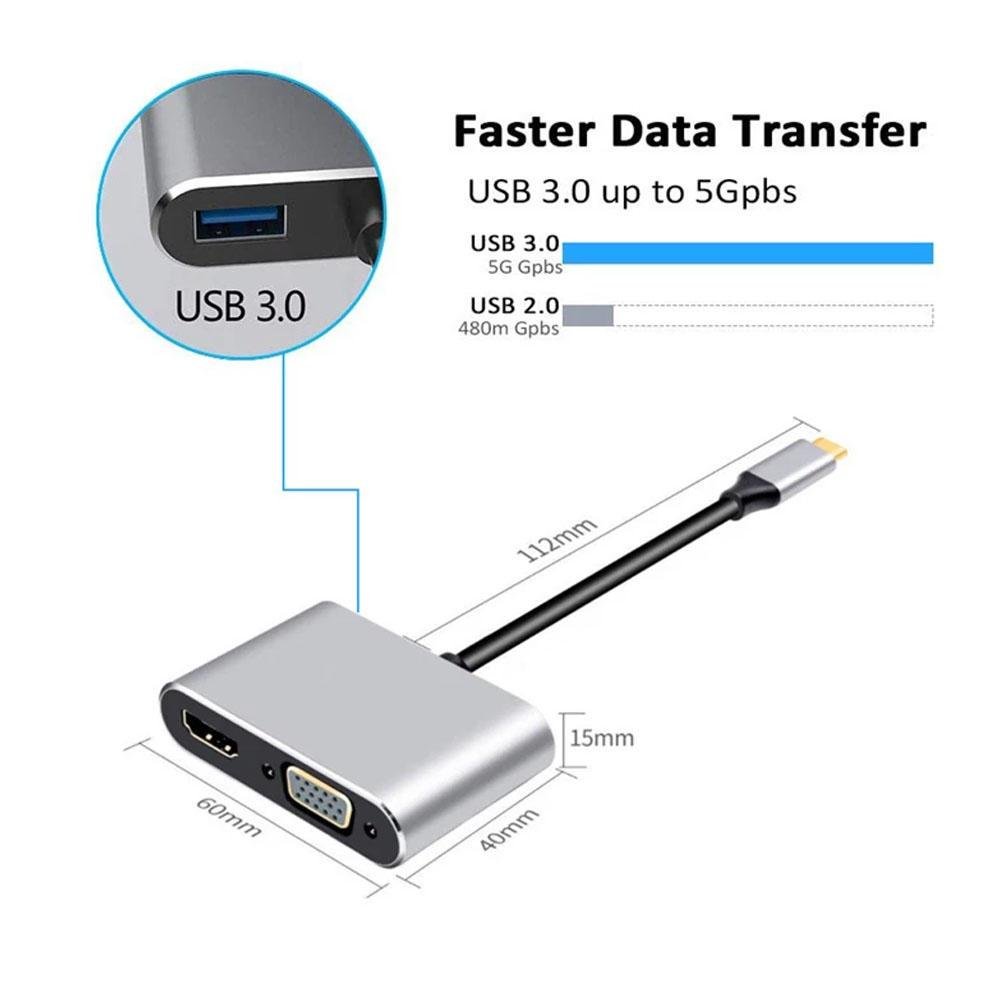 Imagem 5 de 5 do produto Adaptador 4 Em 1 VGA USB-C, PD, Carregamento, Hub USB, 4K, HD 3.0