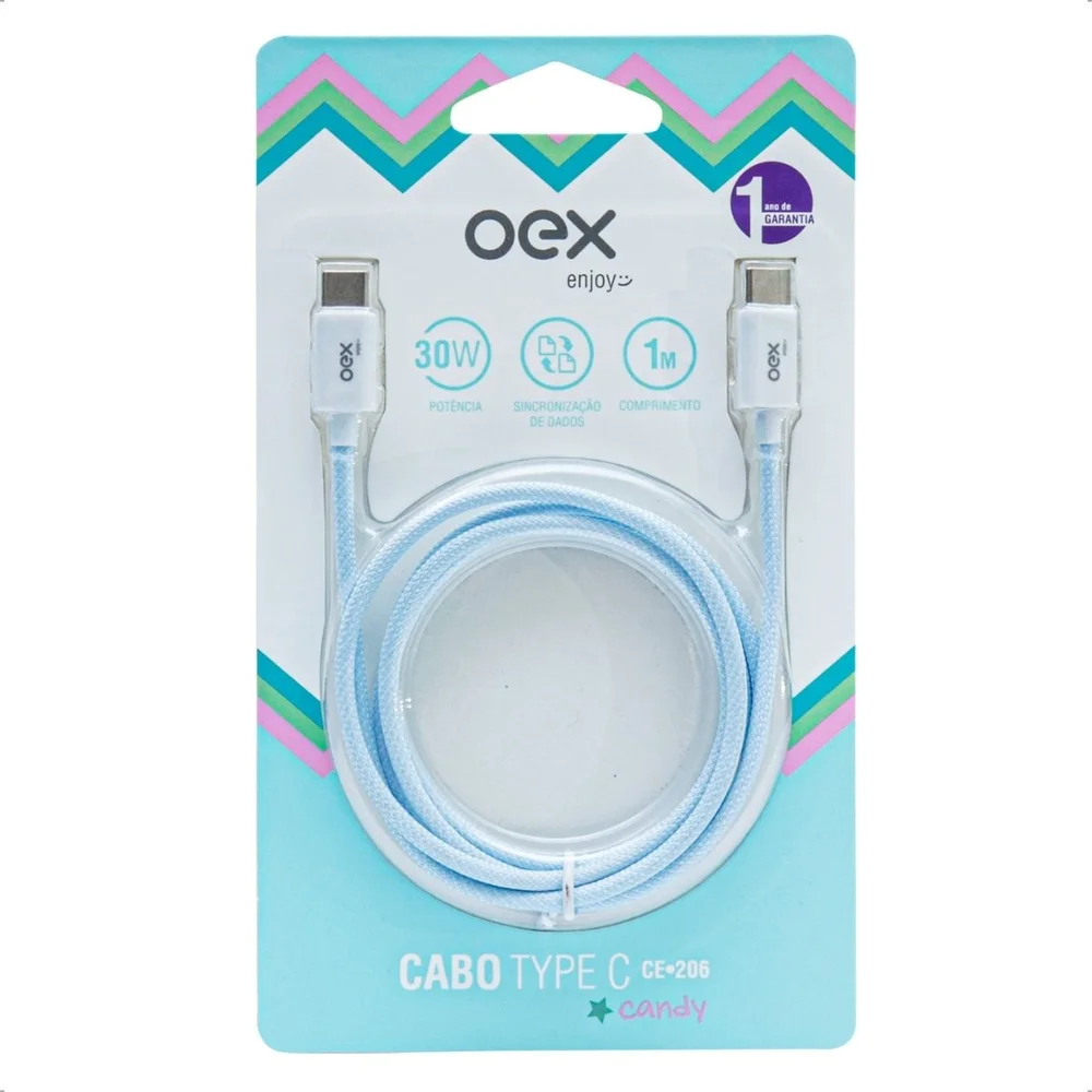 Imagem 2 de 5 do produto Cabo Oex Type C Para Type C Candy 30W, 1 Metro, Azul - Ce206