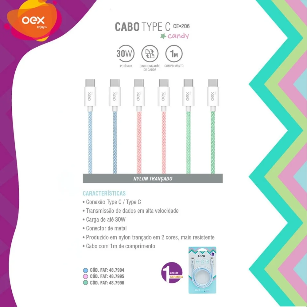 Imagem 4 de 5 do produto Cabo Oex Type C Para Type C Candy 30W, 1 Metro, Azul - Ce206
