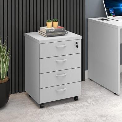 Gaveteiro Escritório Home Office, 4 Gavetas, Rodas Cinza Liso
