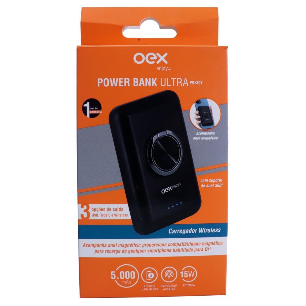 Carregador Portátil Power Bank Oex Enjoy Ultra, 5000mah, USB, Type C e Wireless, Preto - Pb307