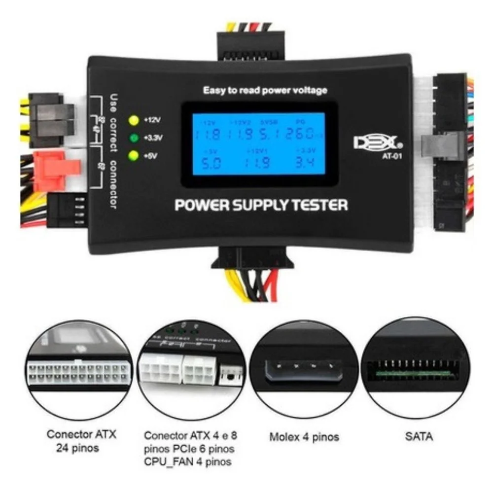 Testador De Fonte De Alimentação Dex At-01, Digital LCD, 20 E 24 Pinos, ATX
